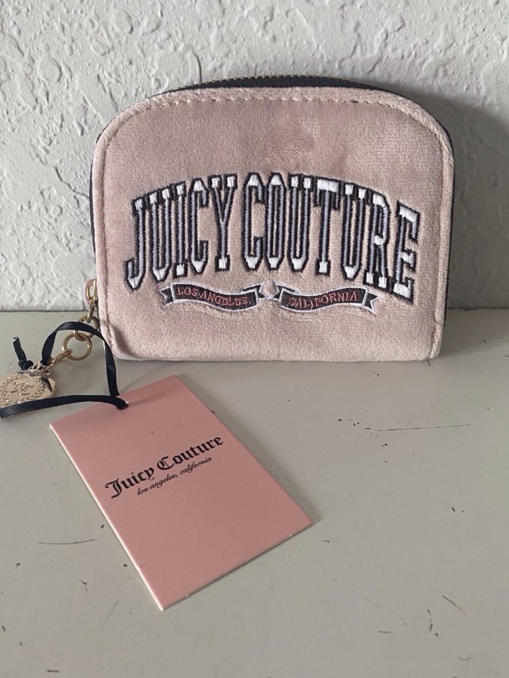 Juicy Couture Couture University Mini Compact Wallet Embroidered Dusty Blush NEW